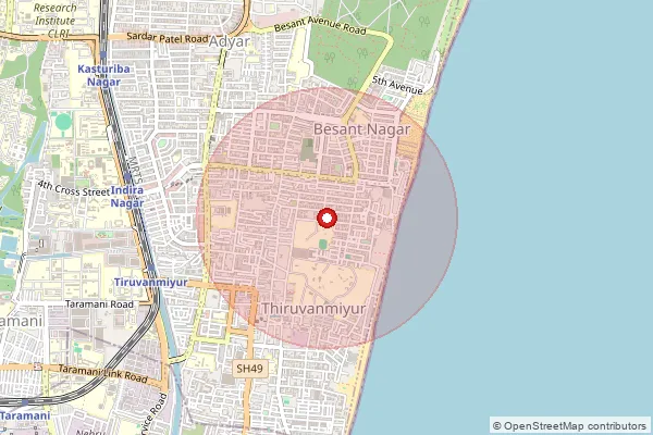 Map showing approximate area covered by Pincode 600090 — Rajaji Bhavan S.O, Chennai