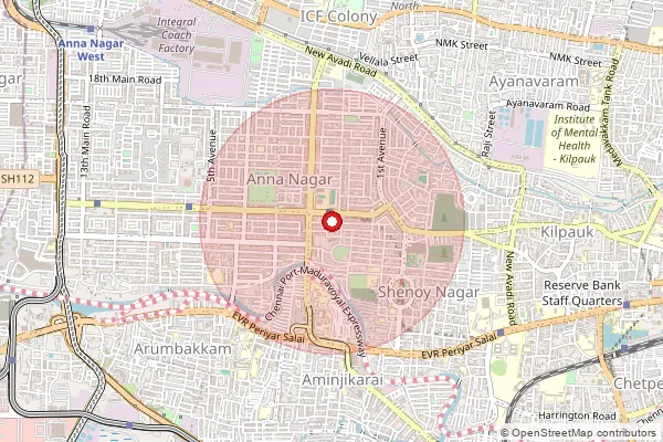Map showing approximate area covered by Pincode 600102 — Anna Nagar East S.O, Chennai