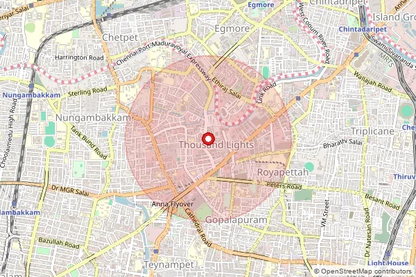 Map showing approximate area covered by Pincode 600200 — Greams Road Ndc, Na