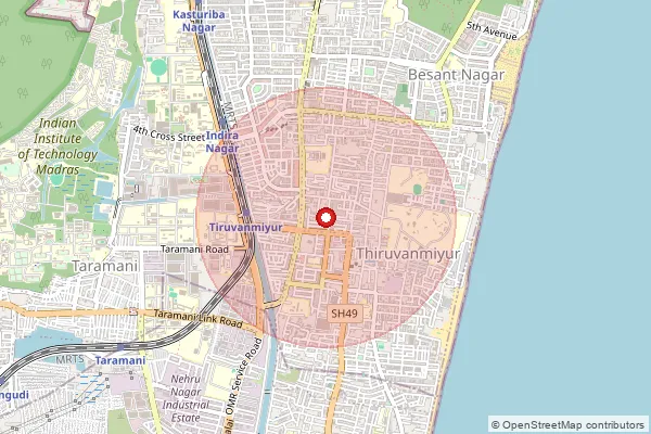 Map showing approximate area covered by Pincode 600202 — Ttti Taramani Ndc, Na