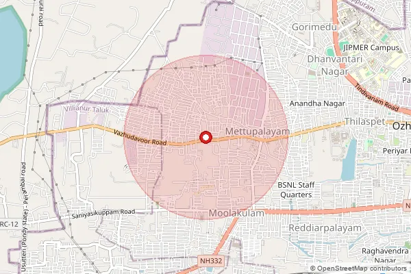 Map showing approximate area covered by Pincode 605010 — Olugarai Bo, Pondicherry