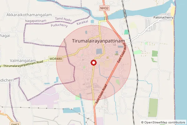 Map showing approximate area covered by Pincode 609606 — T.R.Pattinam South B.O, Karaikal