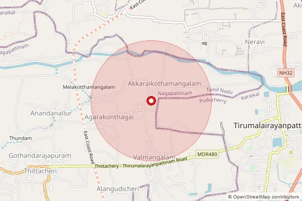 Map showing approximate area covered by Pincode 609703 — Agara Kondagai B.O, Nagapattinam