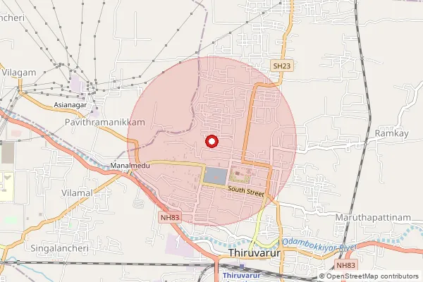 Map showing approximate area covered by Pincode 610001 — Tiruvarur H.O, Thiruvarur