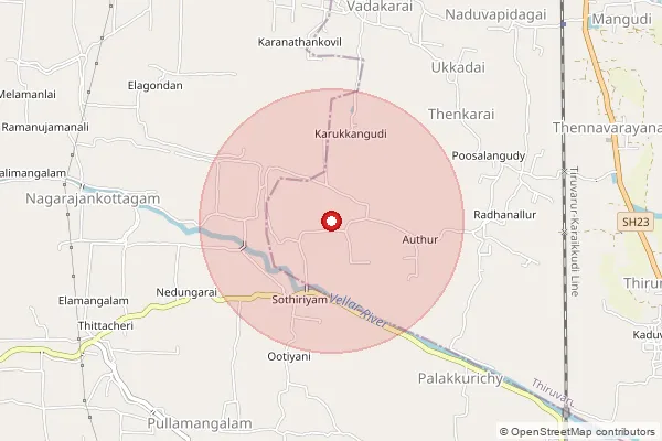 Map showing approximate area covered by Pincode 610103 — Authur B.O, Thiruvarur