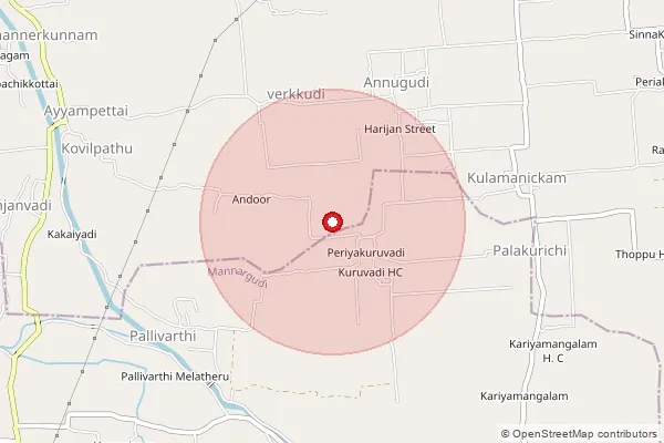 Map showing approximate area covered by Pincode 610206 — Sendangudi B.O, Thiruvarur