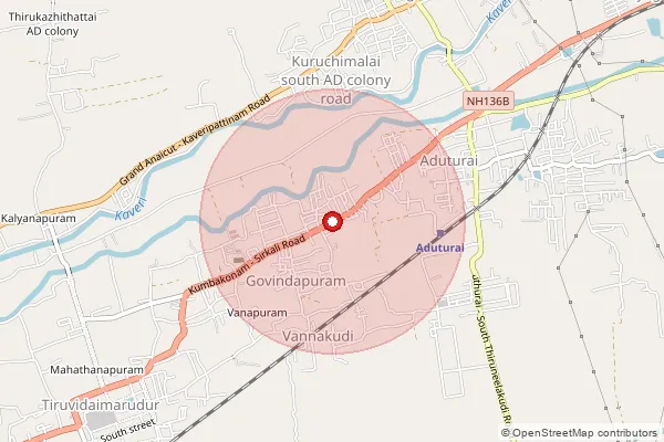 Map showing approximate area covered by Pincode 612101 — Aduthurai Bazar B.O, Thanjavur