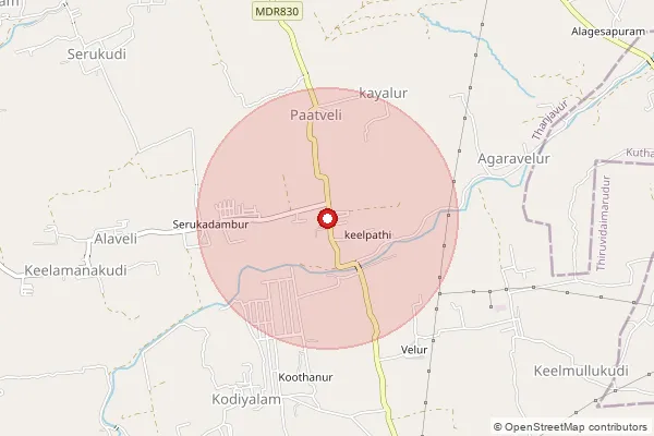 Map showing approximate area covered by Pincode 612106 — Aralur B.O, Thanjavur