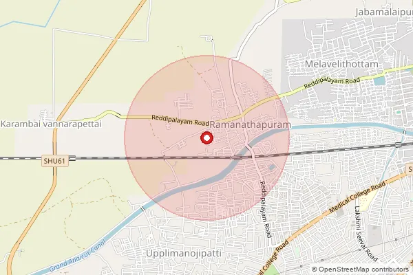 Map showing approximate area covered by Pincode 613004 — State Bank Colony B.O, Thanjavur
