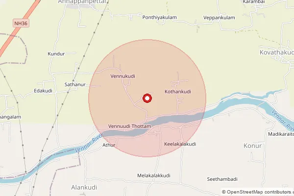 Map showing approximate area covered by Pincode 613501 — Kulichapattu B.O, Thanjavur