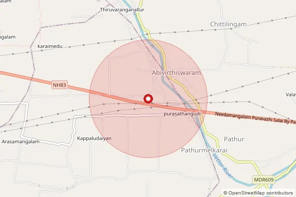 Map showing approximate area covered by Pincode 613705 — Abivirthiswaram B.O, Thiruvarur