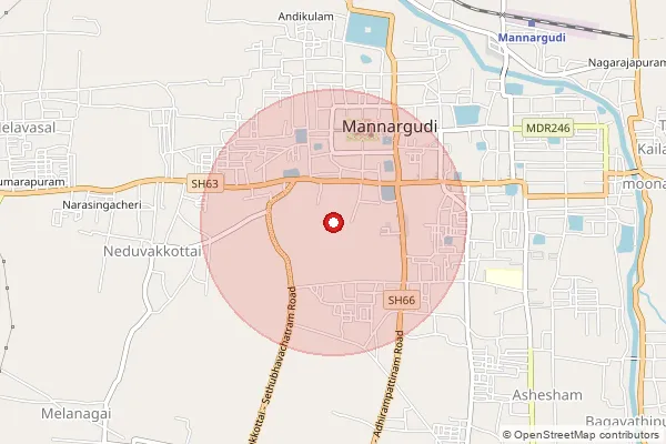 Map showing approximate area covered by Pincode 614001 — Mannargudi H.O, Thiruvarur