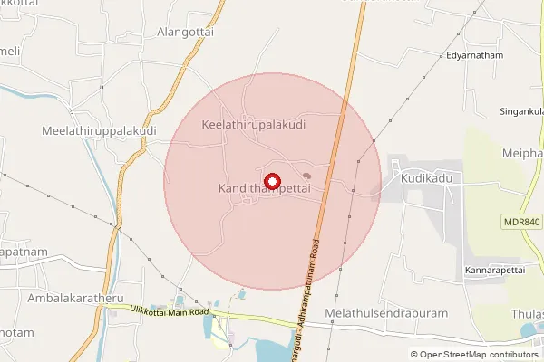 Map showing approximate area covered by Pincode 614018 — Kandithampettai B.O, Thiruvarur