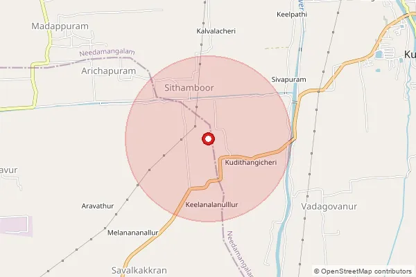 Map showing approximate area covered by Pincode 614102 — Kudithangicheri B.O, Thiruvarur