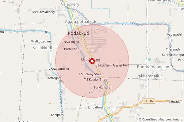 Map showing approximate area covered by Pincode 614103 — Podakudi S.O, Thiruvarur