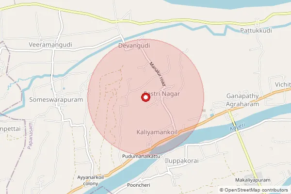 Map showing approximate area covered by Pincode 614202 — Manalur B.O, Thanjavur