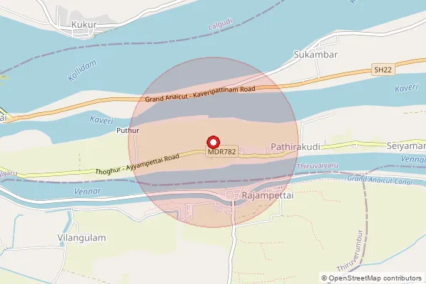 Map showing approximate area covered by Pincode 614208 — Kiliyur B.O, Thiruvarur