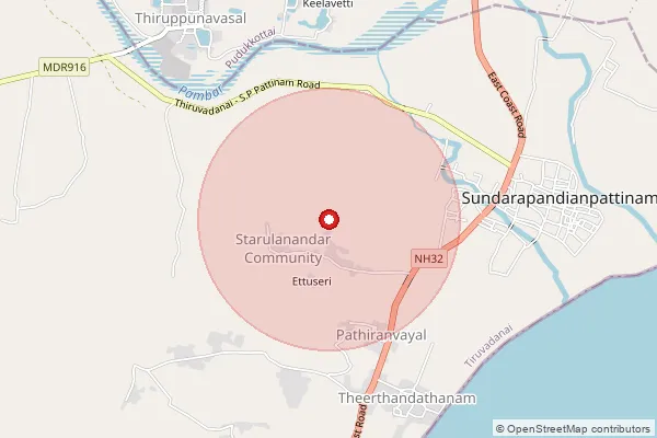 Map showing approximate area covered by Pincode 614629 — Kalabam B.O, Pudukkottai