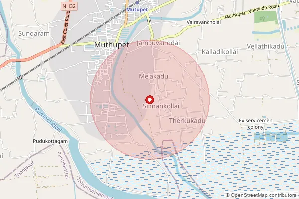 Map showing approximate area covered by Pincode 614738 — Jambavanodai S.O, Thiruvarur