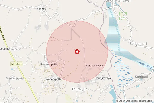 Map showing approximate area covered by Pincode 622201 — Mirattunilai B.O, Pudukkottai