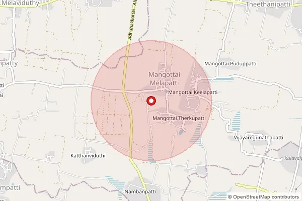 Map showing approximate area covered by Pincode 622301 — Kalabam B.O, Pudukkottai