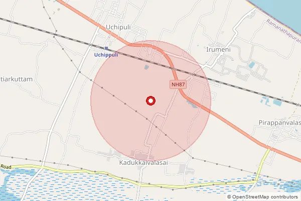 Map showing approximate area covered by Pincode 623516 — Kadukkavalasai Bo, Ramanathapuram