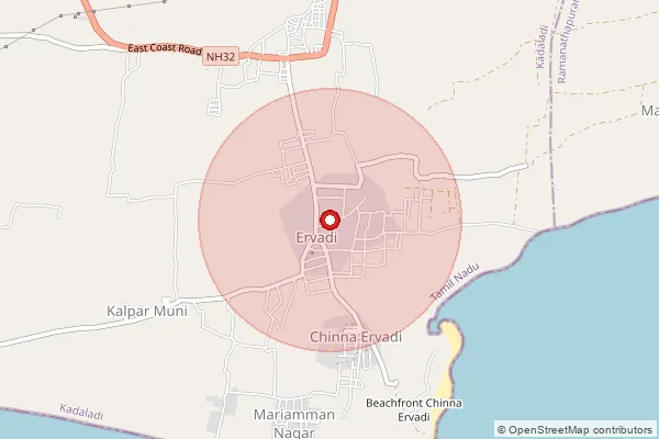 Map showing approximate area covered by Pincode 623566 — Ervadi Dargha So, Ramanathapuram
