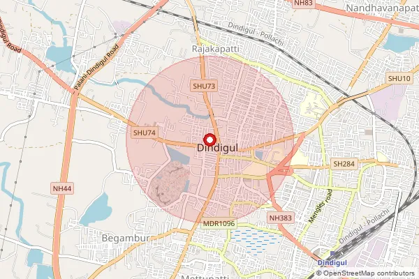 Map showing approximate area covered by Pincode 624001 — Dindigul Ho, Dindigul