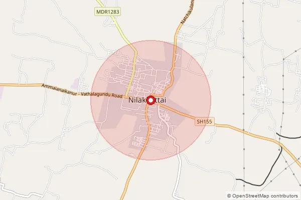 Map showing approximate area covered by Pincode 624208 — Nilakottai Ho, Dindigul