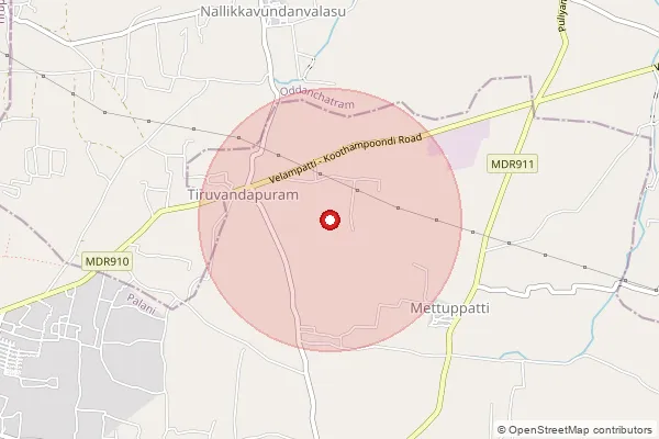 Map showing approximate area covered by Pincode 624216 — Kanalkadu Bo, Dindigul
