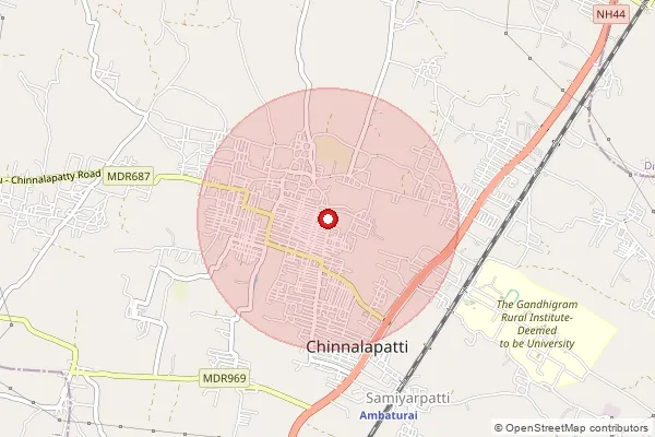 Map showing approximate area covered by Pincode 624301 — Chinnalapatti So, Dindigul