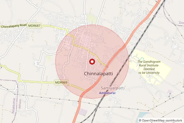 Map showing approximate area covered by Pincode 624302 — Gandhigram So Dindigul, Dindigul