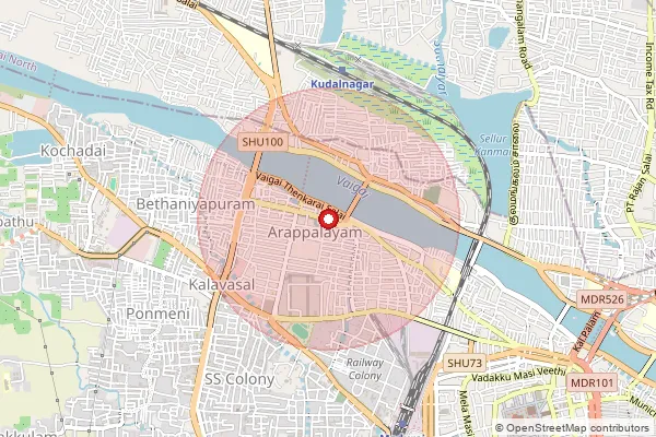 Map showing approximate area covered by Pincode 625016 — Arasaradi Ho, Madurai