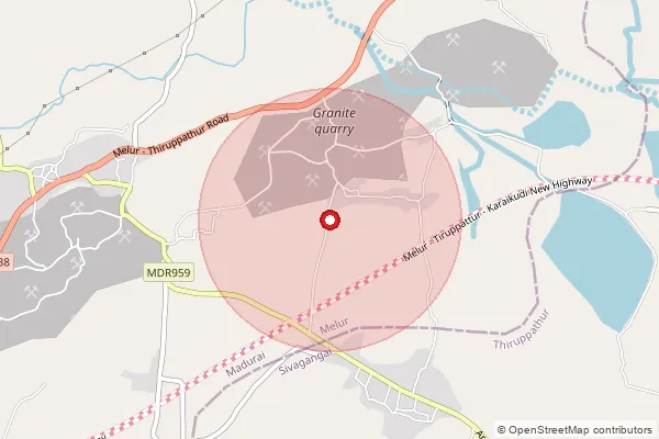 Map showing approximate area covered by Pincode 625102 — Malampatti Bo, Madurai