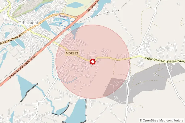 Map showing approximate area covered by Pincode 625107 — Uthangudi Bo, Madurai