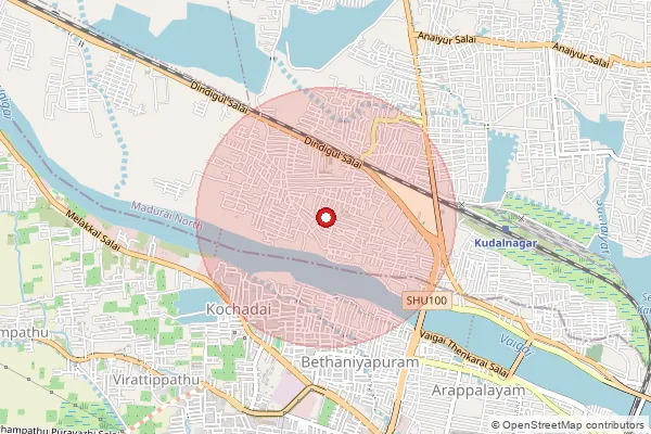 Map showing approximate area covered by Pincode 625221 — Sithalangudi Bo, Madurai