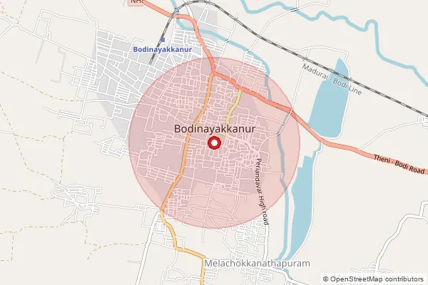 Map showing approximate area covered by Pincode 625513 — Bodinayakanur H.O, Theni