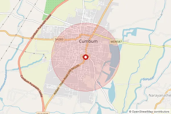 Map showing approximate area covered by Pincode 625516 — Gandhinagar S.O, Theni