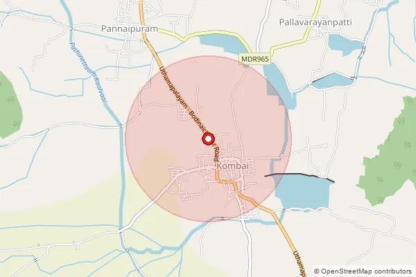 Map showing approximate area covered by Pincode 625522 — Kombai S.O, Theni