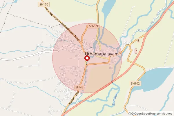 Map showing approximate area covered by Pincode 625533 — Uthamapalayam S.O, Theni