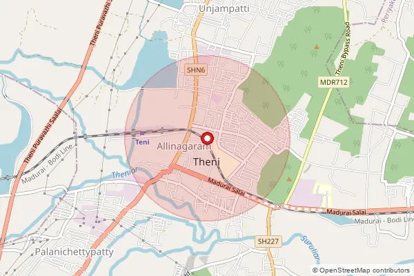 Map showing approximate area covered by Pincode 625536 — Bodidasanpatti B.O, Theni