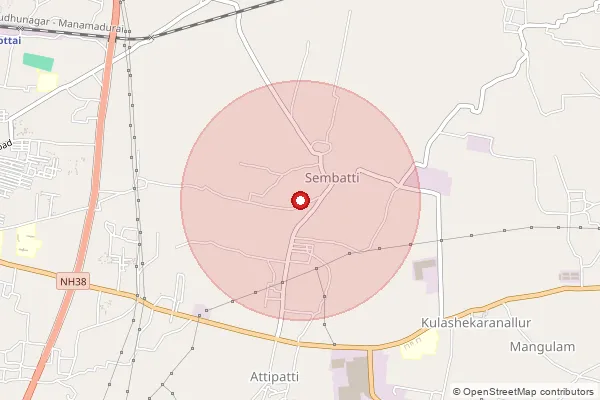 Map showing approximate area covered by Pincode 626105 — Sembatti Bo, Virudhunagar