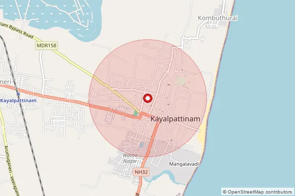 Map showing approximate area covered by Pincode 628204 — Kayalpatnam Bazaar B.O, Tuticorin