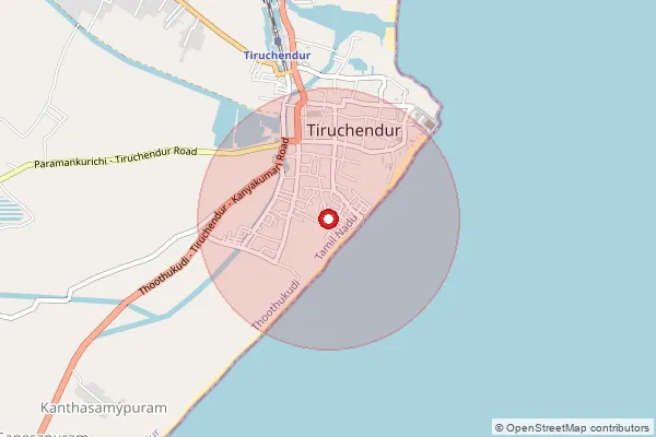 Map showing approximate area covered by Pincode 628215 — Tiruchendur H.O, Tuticorin