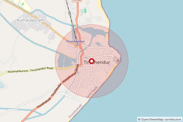 Map showing approximate area covered by Pincode 628216 — Tiruchendur Devasthanam Bo, Tuticorin