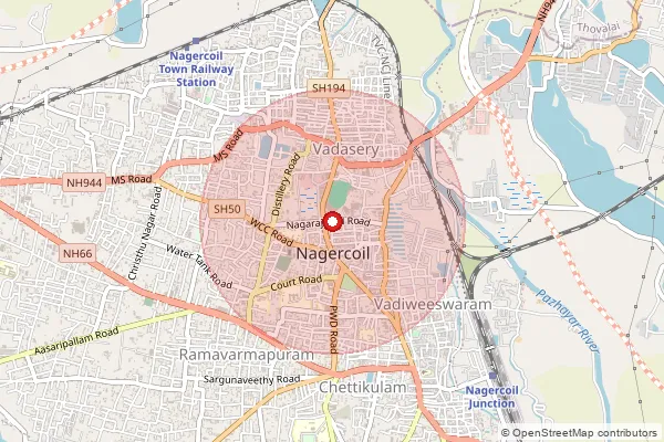 Map showing approximate area covered by Pincode 629001 — Nagercoil H.O, Kanniyakumari