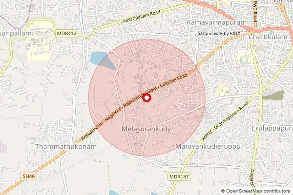 Map showing approximate area covered by Pincode 629004 — Erumbukadu B.O, Kanniyakumari
