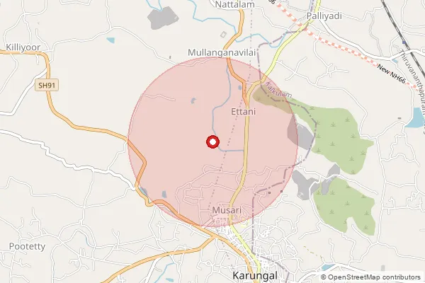 Map showing approximate area covered by Pincode 629154 — Nithiravilai B.O, Kanniyakumari