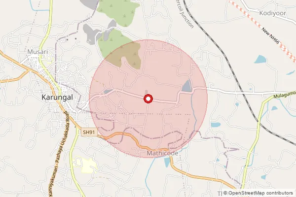 Map showing approximate area covered by Pincode 629156 — Kappiyarai S.O, Kanniyakumari