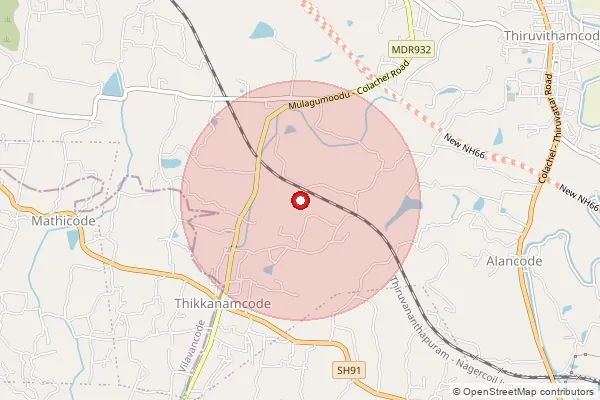 Map showing approximate area covered by Pincode 629157 — Mangarai B.O, Kanniyakumari